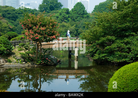 woman walks over traditional Japanese bridge Shinjuku Gyoen and enjoys the view Stock Photo