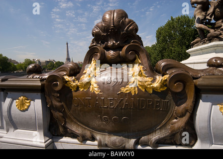 France, Paris, Banks of the Seine River listed as World Heritage by UNESCO, Statue on Alexander III Bridge and the Eiffel Tower Stock Photo