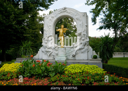 Gold statue of the musician Johann Strauss in Vienna Austria G R Richards Stock Photo