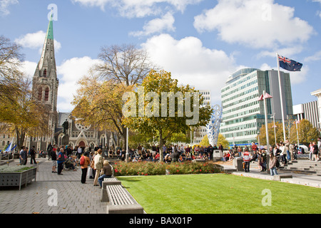 Crowds of people in Cathedral Square Christchurch New Zeland Stock Photo