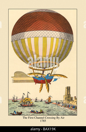 First Channel Crossing by Air,1785 - Ballon with paddles Crosses the English Channel in Illustration with ships below Stock Photo