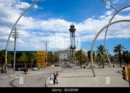 The tower of the aerial transporter and the World Trade Centre The Port Barcelona Spain Stock Photo