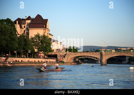 View of the Old City of Basel and bridge, Mittlere Rheinbruecke, over the River Rhine, Klein-Basel, Basel, Switzerland Stock Photo
