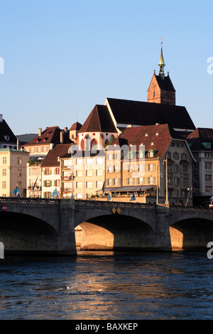 View of the old city of Basel with St. Martins Church in the background, Mittlere Rheinbruecke, Basel, Switzerland Stock Photo