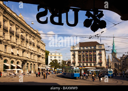 Switzerland, Zurich, Paradeplatz, UBS Logo, Credit Suisse, Tram Stock Photo
