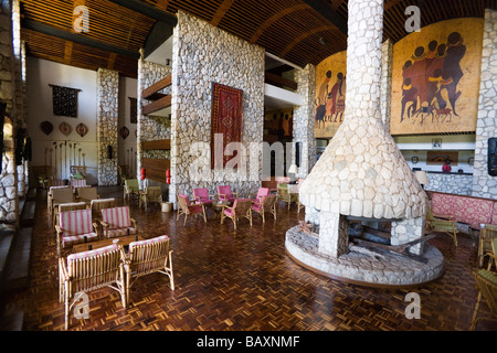Lobby with fireplace, Taita Hills Lodge, Coast, Kenya Stock Photo