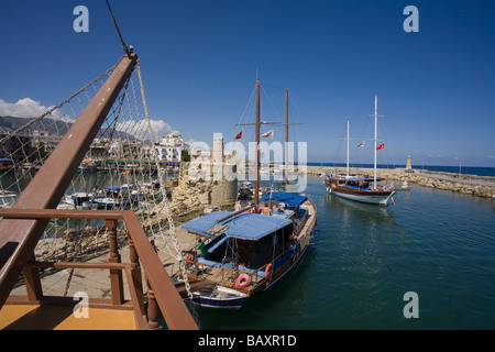 Neptun Pirate boat trip, by Kaleidoskop Turizm, and harbour, Kyrenia, Girne, Cyprus Stock Photo