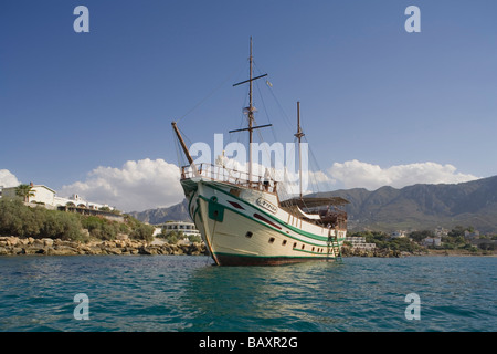 Neptun Pirate boat trip, by Kaleidoskop Turizm, and coast, Kyrenia, Girne, Cyprus Stock Photo