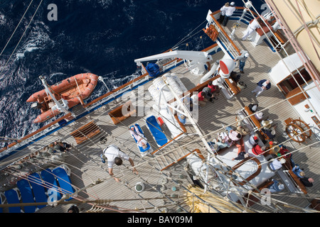 Deck seen from Royal Clipper crow's nest platform, aboard Sailing Cruiseship Royal Clipper (Star Clippers Cruises), Mediterranea Stock Photo