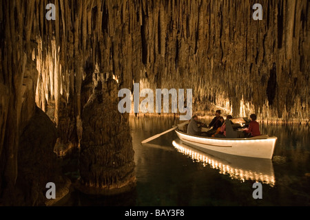 Classical Musicians on Boat inside Cuevas del Drach Cave (Cavern of the Dragon), Porto Cristo, Mallorca, Balearic Islands, Spain Stock Photo