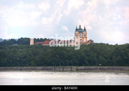 View of Melk abbey, Benedictine monaastery overlooking the Danube, Stift Melk, Wachau, Lower Austria, Austria Stock Photo