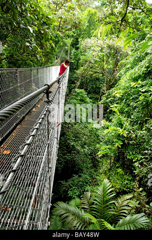 Woman crossing hanging bridge in Rainforest, Arenal Hanging Bridges, Costa Rica, Central America Stock Photo