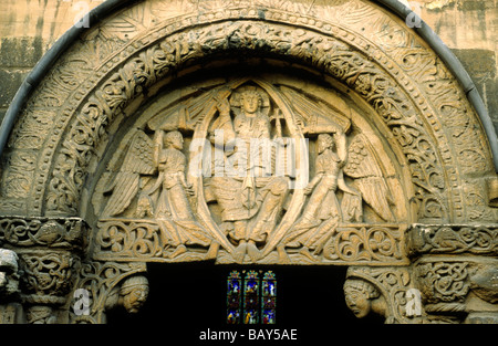 Tympanum Prior's Door Ely Cathedral Norman stone carving carved figures Romanesque architecture 12th century Cambridgeshire Stock Photo