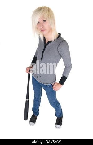 A man stands with the help of his baseball bat Stock Photo