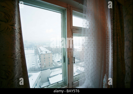 Window with view at the town, Omsk, Siberia Stock Photo