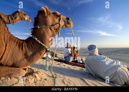 Picnic in the desert with Ben Ali, Berber, and Dromedare Nefta, Tunesia Stock Photo