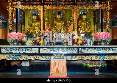 Gilded Buddha's on the Main Altar inside the Hall of the Great Hero at Po Lin Monastery. Lantau Island, Hong Kong Stock Photo