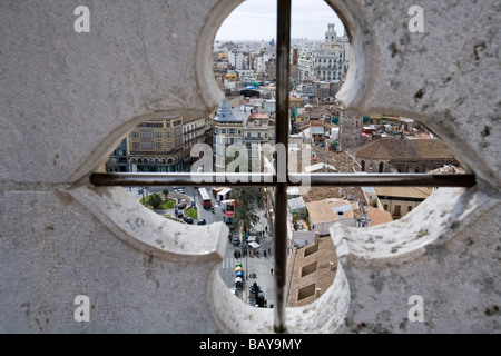 view from cathedral bell tower onto the Plaza de la Reina, cathedral, Valencia, Spain Stock Photo