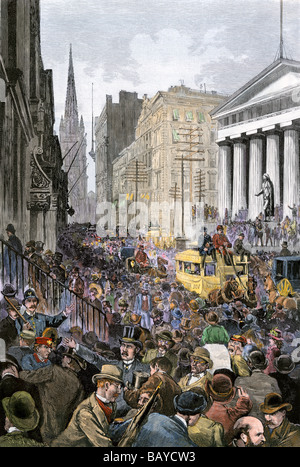 Financial panic on Wall Street May 14 1884. Hand-colored woodcut Stock Photo