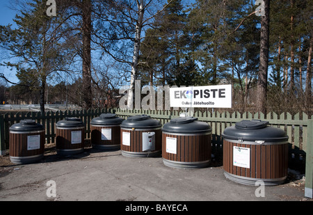 Free communal recyclable garbage collection point ecopoint ( Ekopiste in Finnish ) separate bins for different types of recyclable materials , Finland Stock Photo