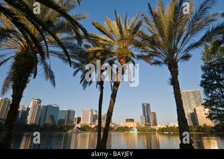Downtown Orlando Florida skyline reflected in Lake Eola Stock Photo