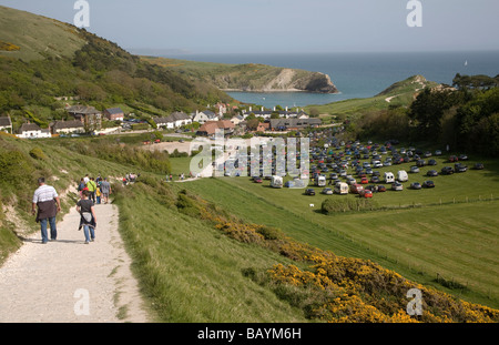 Crowded car park tourist honeypot site Lulworth Cove, Dorset, England Stock Photo