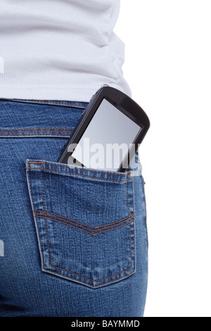 Blank PDA in back pocket of womans jeans Stock Photo