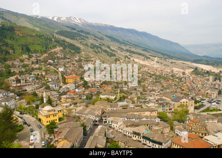 View from castle in Gjirokastra birthplace of former dictator Enver Hoxha and so called City in Stone Southern Albania Europe Stock Photo