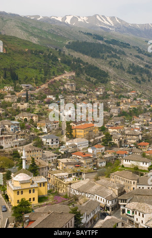 View from castle in Gjirokastra birthplace of former dictator Enver Hoxha in Southern Albania Europe Stock Photo