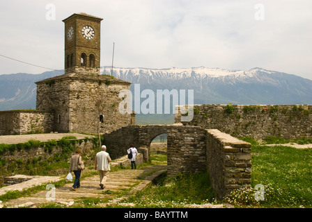 Clock tower and views from castle in Gjirokastra birthplace of former dictator Enver Hoxha in Southern Albania Europe Stock Photo