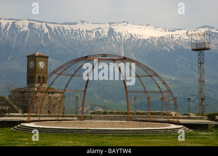 Stage and views from castle in Gjirokastra birthplace of former dictator Enver Hoxha in Southern Albania Europe Stock Photo