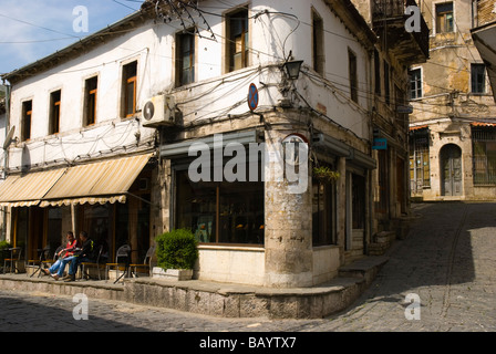 Streets of bazaar area in Gjirokastra birthplace of former dictator Enver Hoxha in Southern Albania Europe Stock Photo