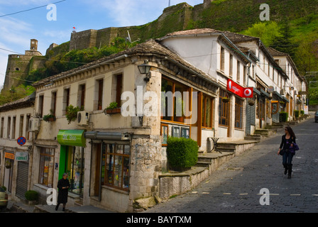 Streets of Bazaar in Gjirokastra birthplace of former dictator Enver Hoxha in Southern Albania Europe Stock Photo