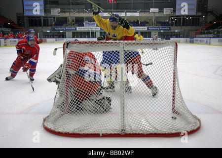 Swedish player no 17 Carl Klingberg celebrating his goal against the Czech republic in a U18 ice-hockey tournament. Stock Photo