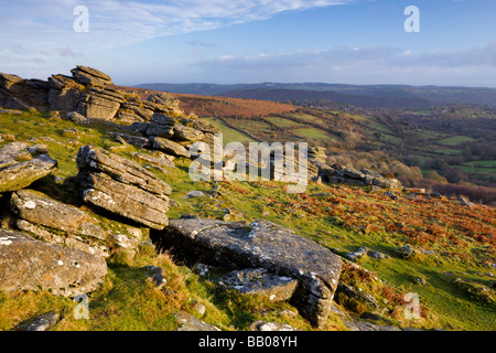 Sunlit granite outcrop at Hound Tor Dartmoor National Park Devon England December 2008 Stock Photo