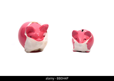 Pink Piggy bank pigs wearing face masks Relative to the Swine flu outbreak Stock Photo