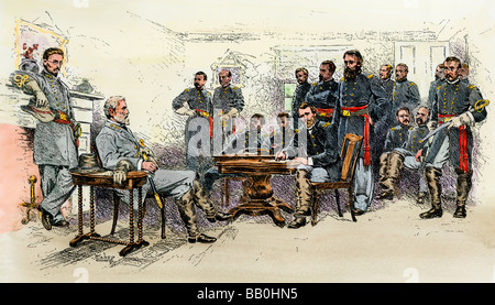 General Lee surrenders his army to General Grant at Appomattox Court House Virginia 1865. Hand-colored woodcut Stock Photo