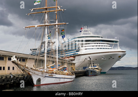 View of the Diamond Princess from Franklin Wharf with Tall Ship 'One And All' in the foreground, Hobart, Tasmania, Australia. Stock Photo