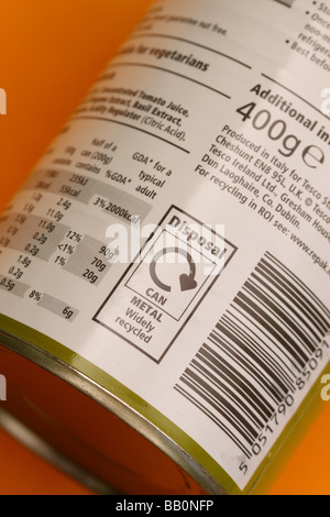 Recycling instructions on a metal tin food can showing the disposal recycle logo Stock Photo