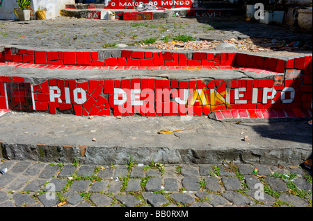 Details of the tiles of the Escadaria Selaron stairs in Rio de Janeiro, Brazil. Stock Photo