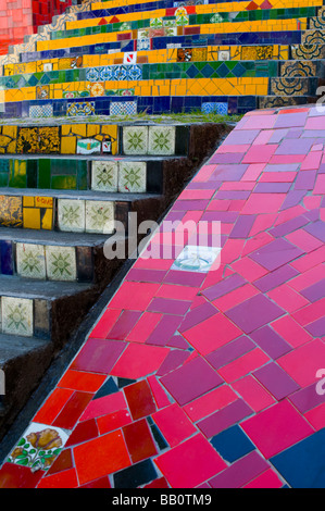 Details of the tiles of the Escadaria Selaron stairs in Rio de Janeiro, Brazil. Stock Photo