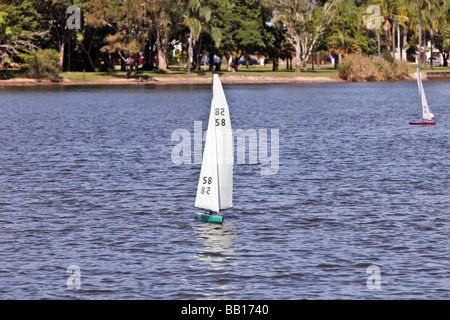 a model boat / yacht on a lake in southend-on-sea, essex