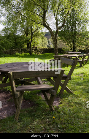 Picnic tables and benches at Coombes and Churnet RSPB reserve Leek Staffordshire England Stock Photo