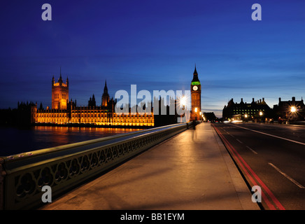 LONDON, UK - MAY 03, 2009:  View along Westminster Bridge toward the Houses of Parliament and Big Ben at night Stock Photo