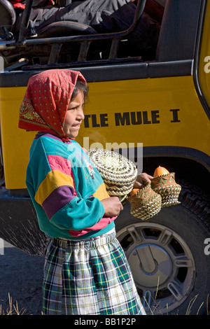 Young girl receives fruit and school supplies given as gifts in the Tarahumara village of San Alonso in Copper Canyon Mexico Stock Photo