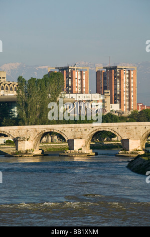 MACEDONIA, Skopje. Stone Bridge (Kamen Most) / Morning Stock Photo