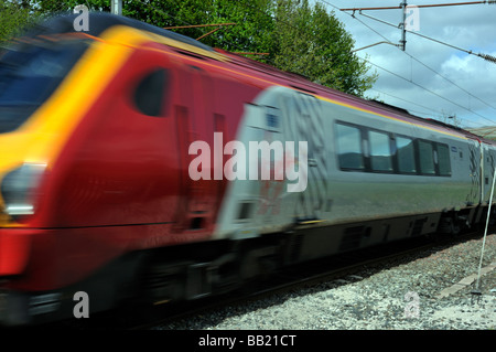 British Rail Class 221 SuperVoyager diesel electric multiple unit, at speed. West Coast main line, Lambrigg, Cumbria, England . Stock Photo