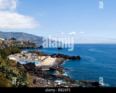 Ponta Gorda swimming pools, Lido, Lido island and Ponta do Garajau from Ponta da Cruz, Funchal, Madeira Stock Photo