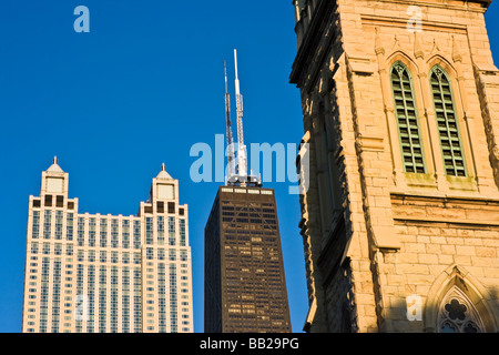 Landmarks of Downtown Chicago against blue sky Stock Photo