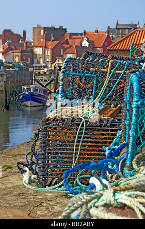 Close up of crab and Lobster pots on the quayside Whitby Harbour North Yorkshire England UK United Kingdom GB Great Britain Stock Photo